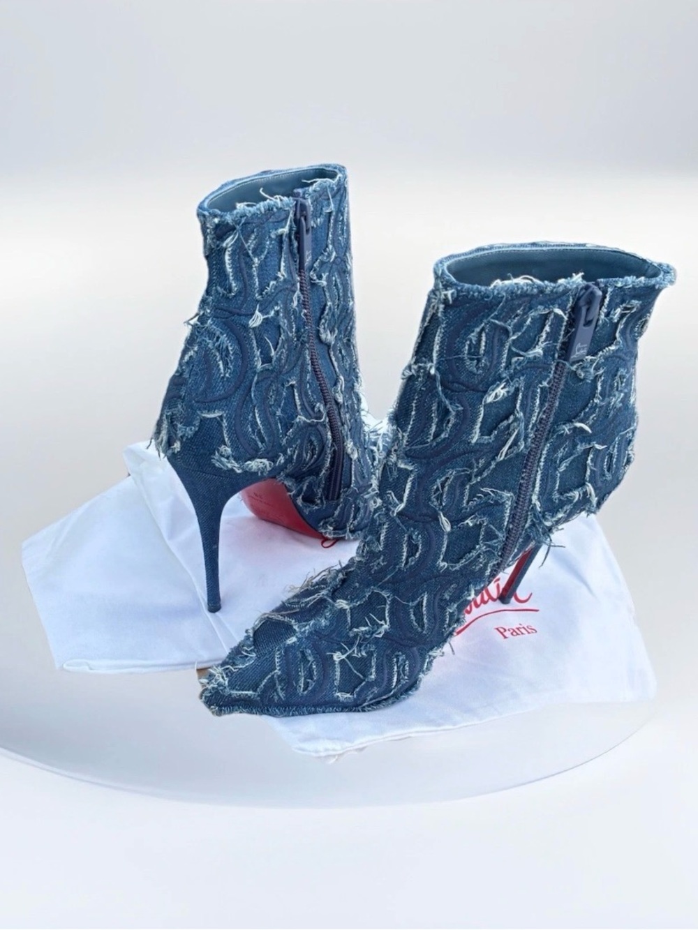 Christian Louboutin Distressed Denim Pointed Ankle Boots - Blue Size 8